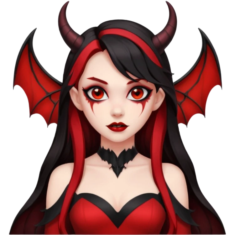 demon girl, skin red , black long hair, small horns, bat wing, black open-back dress, bold black outlines, red+black palette emoji