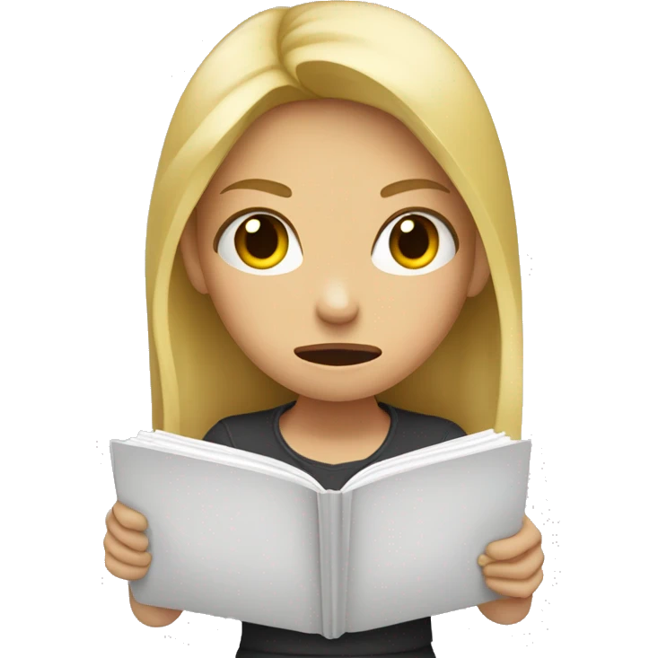 a blonde girl who tears up a notebook with her hands with an angry look emoji