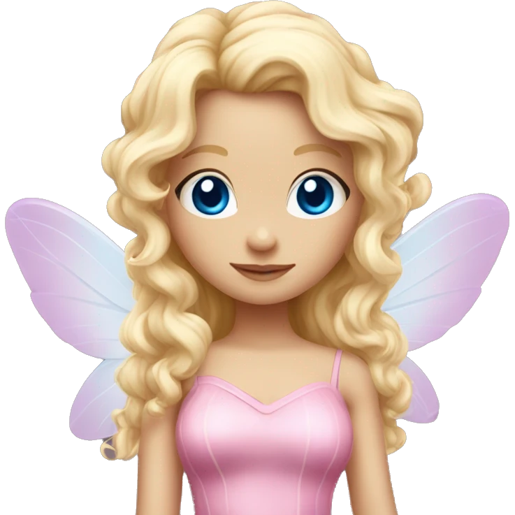 Fairy, a blonde hair with blue eyes and a pink dress with sparkly wings. White wings. The fairy has long, curly hair with a lot of volume emoji