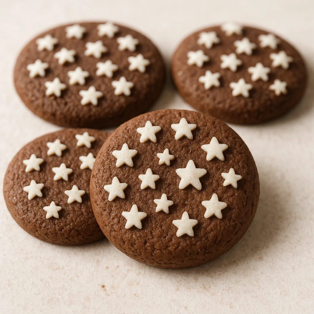 realistic Italian Pan di Stelle cookies, cocoa cookies with white sugar stars, light background emoji