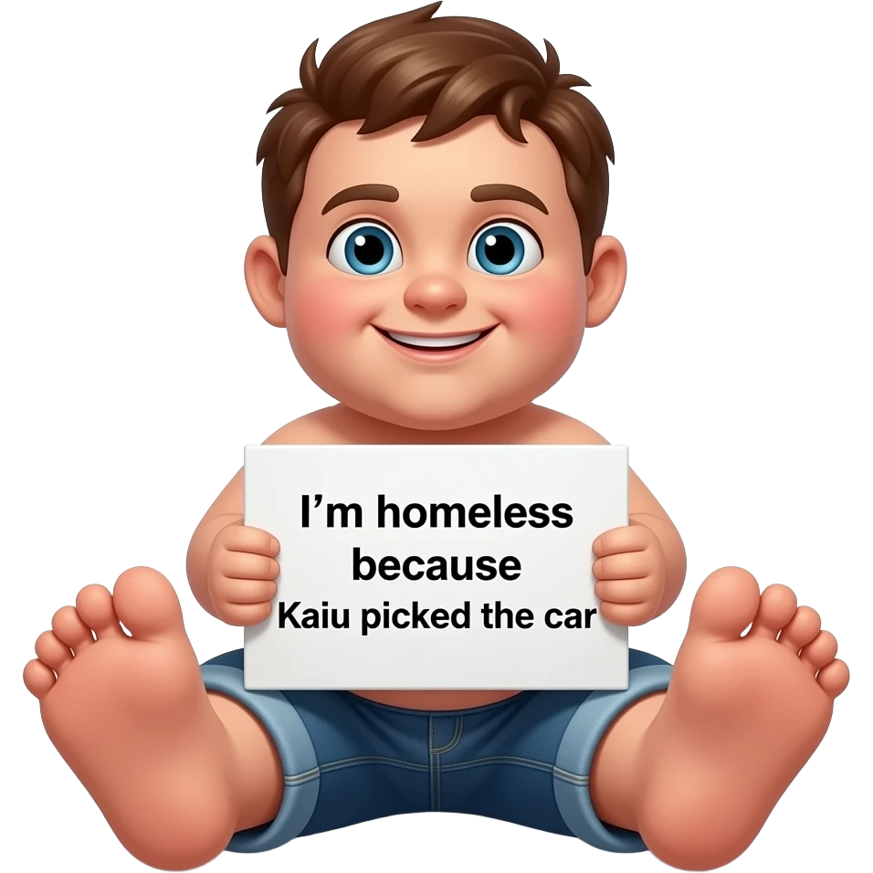 make a ugly megamind brown haired kid with a sign that says im homeless because kaiu picked the car and make him have big massive feet and no shirt and make sure hes fat make him have chubby face cheeks and make him smirking and make him realistic emoji