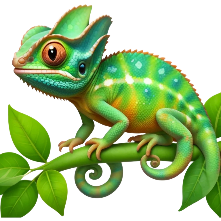 cinematic cute-smiling baby chameleon-realistic emoji,-blending-with-vibrant-greenery.-detailed-scales-in-shifting-colors,-showing-the-chameleon’s-ability-to-camouflage.-soft-natural-light-highlights-its-texture.-light-background, zoomed into its face emoji