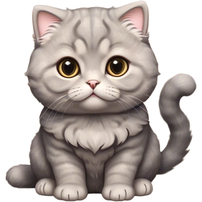 Cinematic Adorable Fluffy Grey Scottish Fold Cat Portrait Emoji, Head tilted cutely with big, sparkling eyes and adorable folded ears, soft grey fur with darker points on the ears, face, and paws, Simplified yet irresistibly adorable features, highly detailed, glowing with a soft, warm glow, high shine, affectionate and playful, stylized with a touch of whimsy, bright and endearing, soft glowing outline, capturing the essence of a curious and loving kitten with the signature charm of a Scottish Fold's unique folded ears, so cute it feels like it could leap out of the screen and snuggle up for a cuddle! emoji