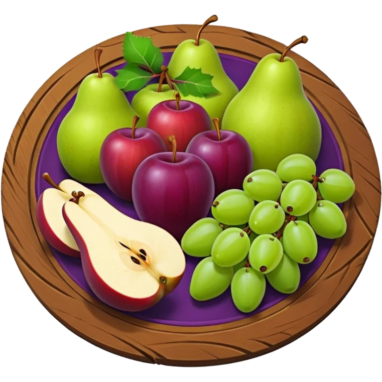 medieval fruit platter object icon, sliced apples and pears, grape clusters, rustic plate, fresh juicy look, 3D cartoon, mobile game icon style, clean background, no text, no watermark
 emoji