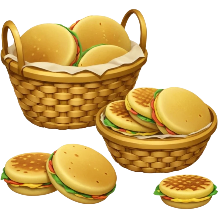 two baskets, one filled with money, another with colombian arepas emoji