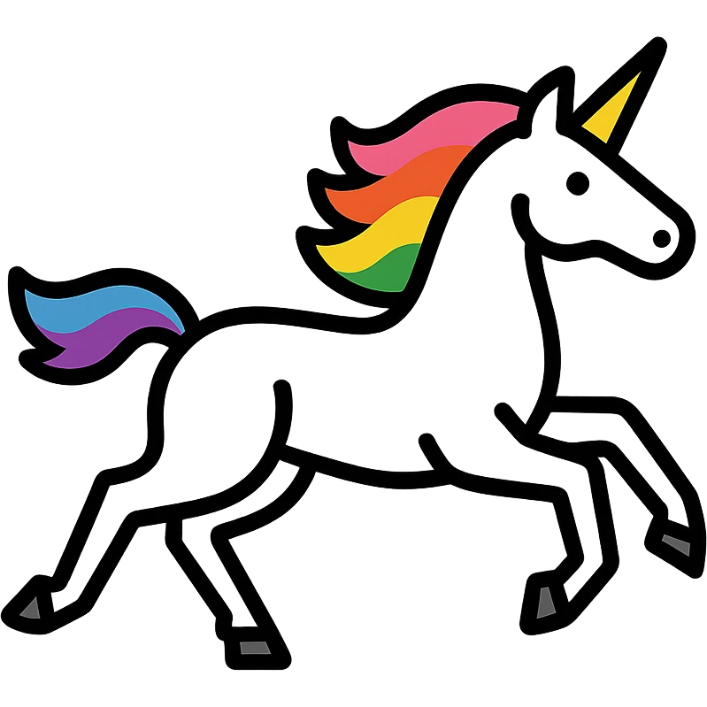 a running unicorn icon in dynamic pose, rainbow colored, transparent background, logo style emoji