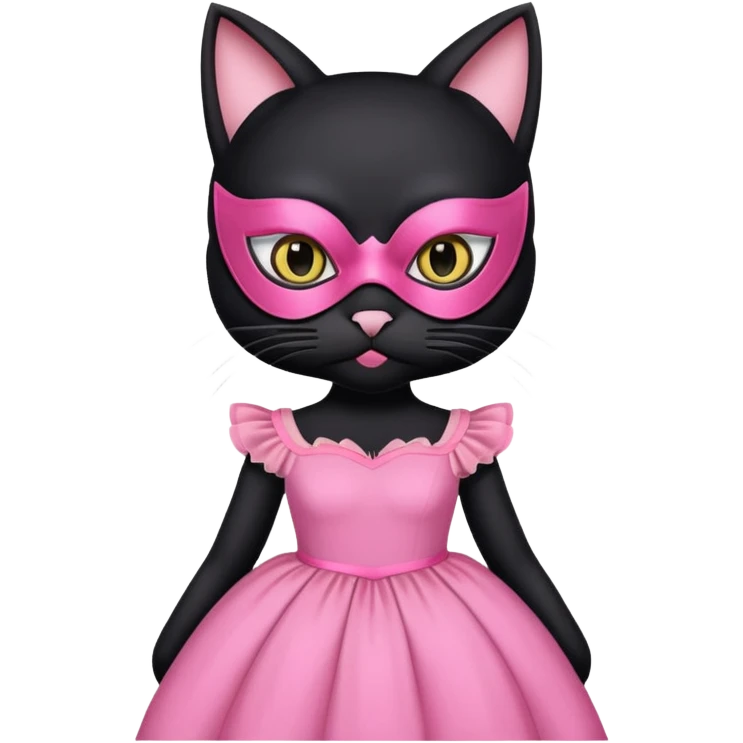 a black cat with pink mask and dress, half upon
 emoji