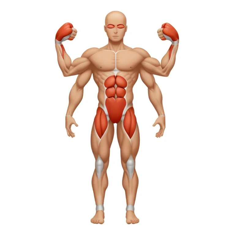 minimalistic human body silhouette with muscle groups outlined in color, flat Apple iOS icon style emoji