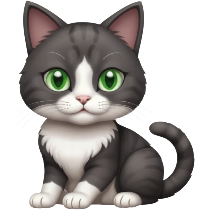 beautiful female solid dark grey cat with green eyes, white toes/paws and white patch on her chest playing emoji