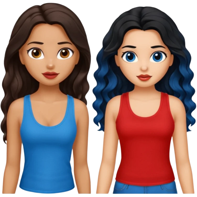 generate a pretty tan bratz girl with brown wavy hair long wearing a red tank top. talking to a girl with black hair wearing blue emoji