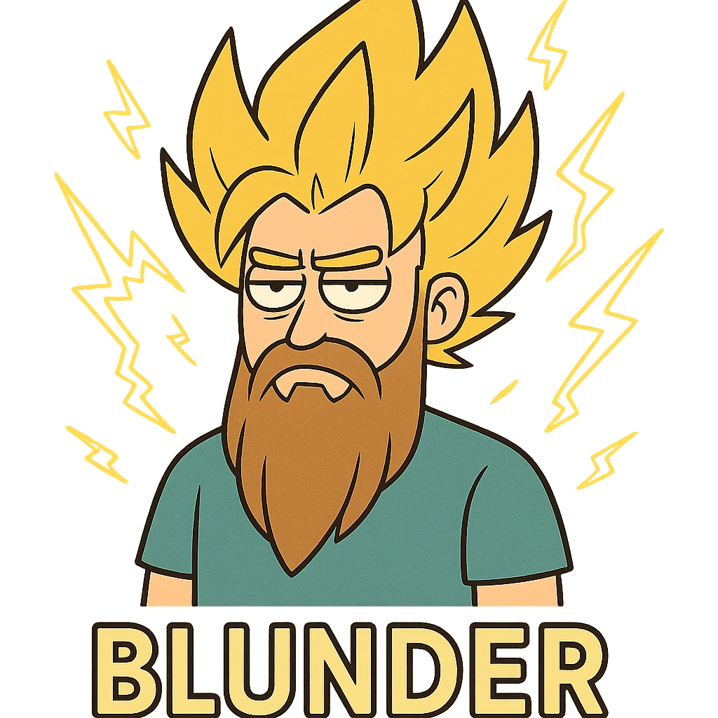 anime style character, super Saiyan hair, long beard, unimpressed, lightning accents, the word 'blunder' at the bottom emoji