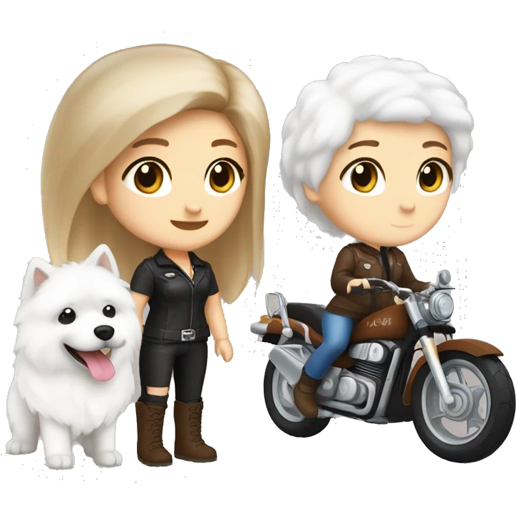 Biker girl white skin brown shorty hair and girl white skin brown long hair and a Samoyed emoji