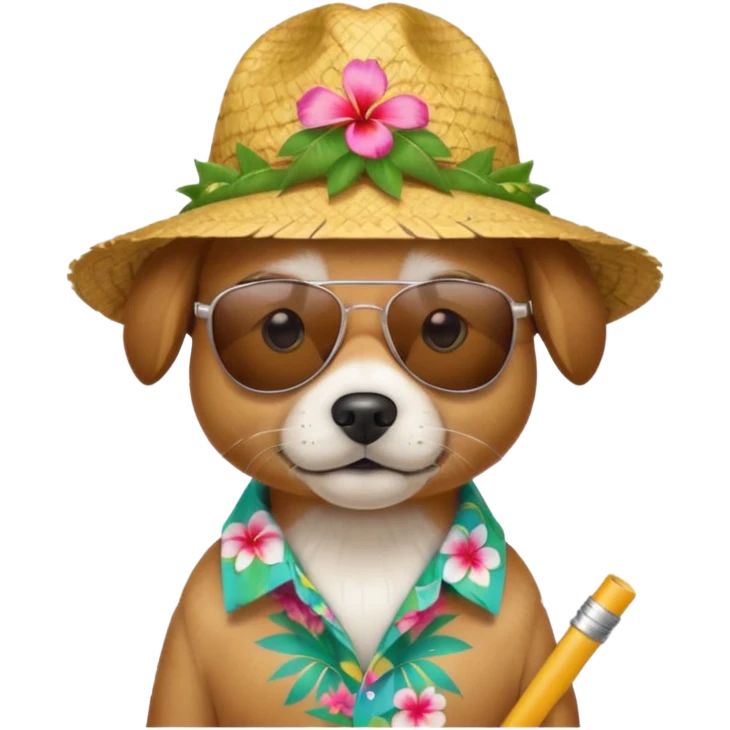 dog with sunglasses and straw hat, hawaii shirt emoji