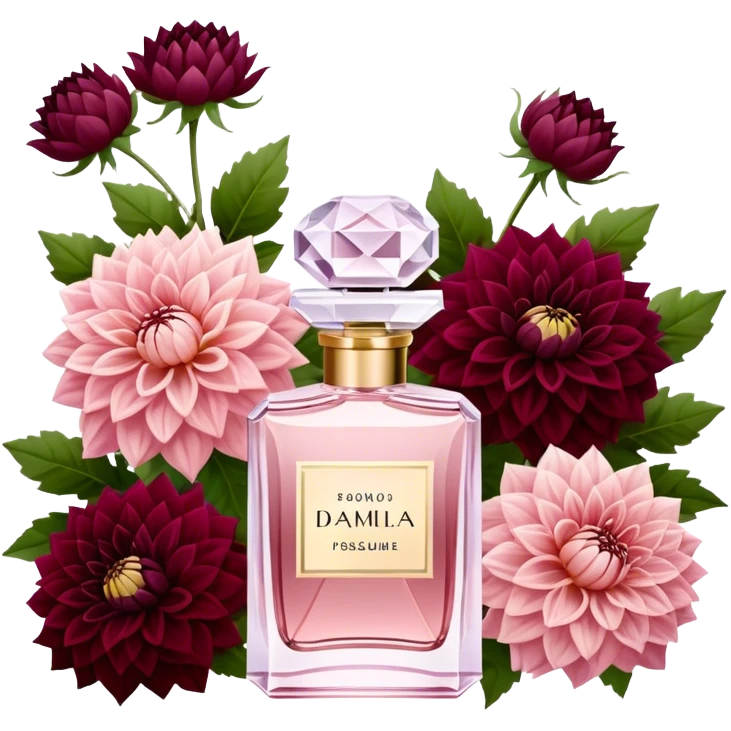 Aesthetic crystal perfume bottle in Pastel Rose with a subtle shimmer, placed next to a lavish bouquet of Crimson and Wine Red Dahlias, creating a harmonious and passionate composition. emoji