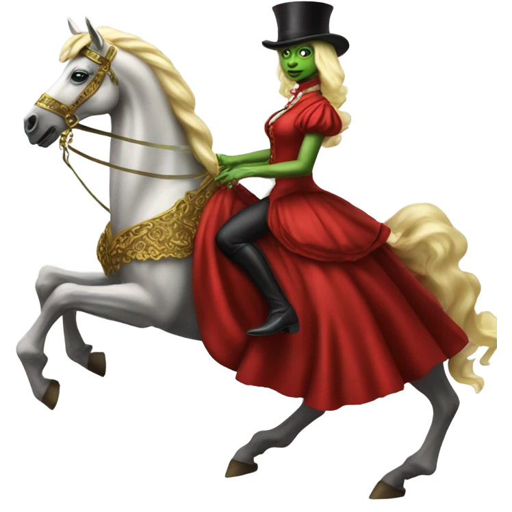 "galora green blonde alien woman" in red Victorian elegant dress, full body, rides "horse gold and white"
 emoji