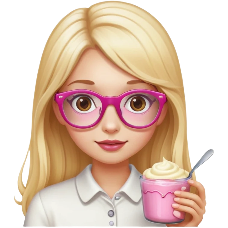 a girl with long lashes, long blonde hair, pink glasses, holding a pudding emoji