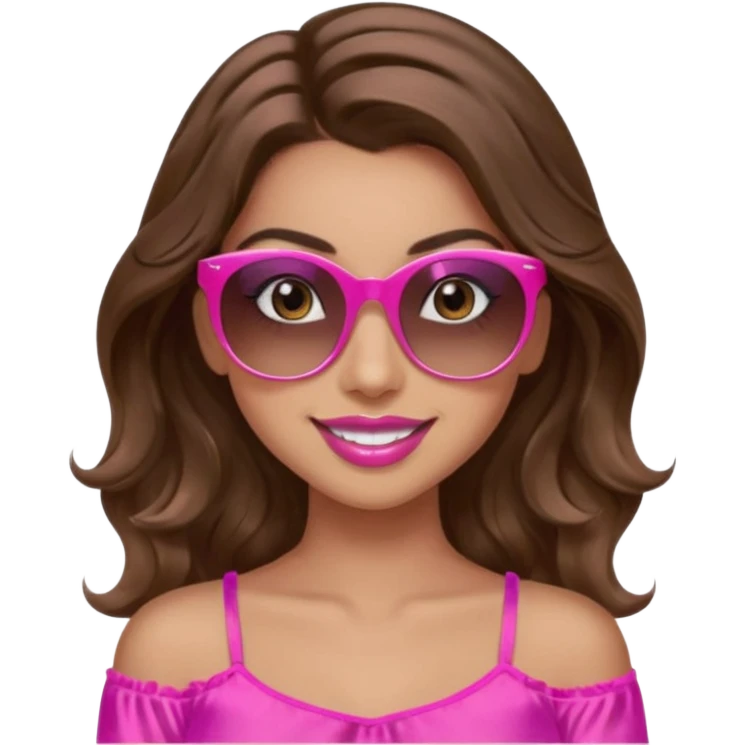 girl with long wavy brown hair, brown eyes, long lashes makeup, sexy pink lips, smiling, light to medium complexion, wearing a pink sexy silk top, relaxing in a beach chair  emoji