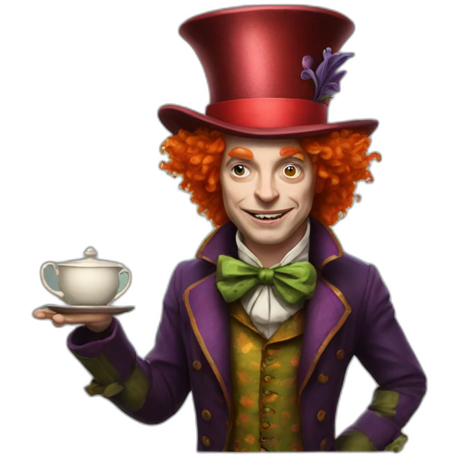 Mad hatter with red hair and a tea steer emoji