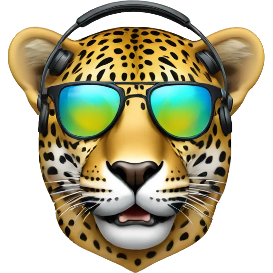 fashionable jaguar dj, emoji head, looking forward, wearing reflective sunglasses, wearing over-ear headphones on top of head emoji