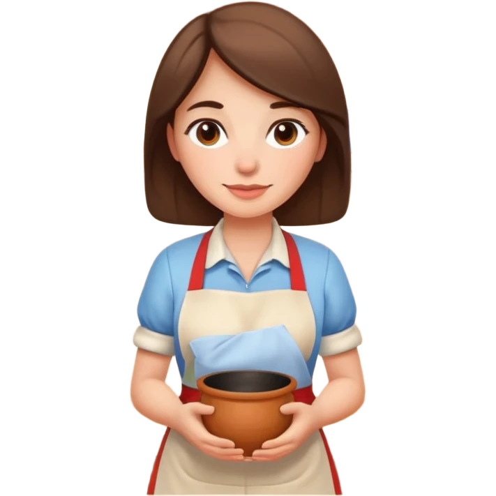cartoon Apple iOS emoji style woman, pastel colors, Chilean wooden kitchen background, clay pots, warm light, detailed and clean vector art emoji
