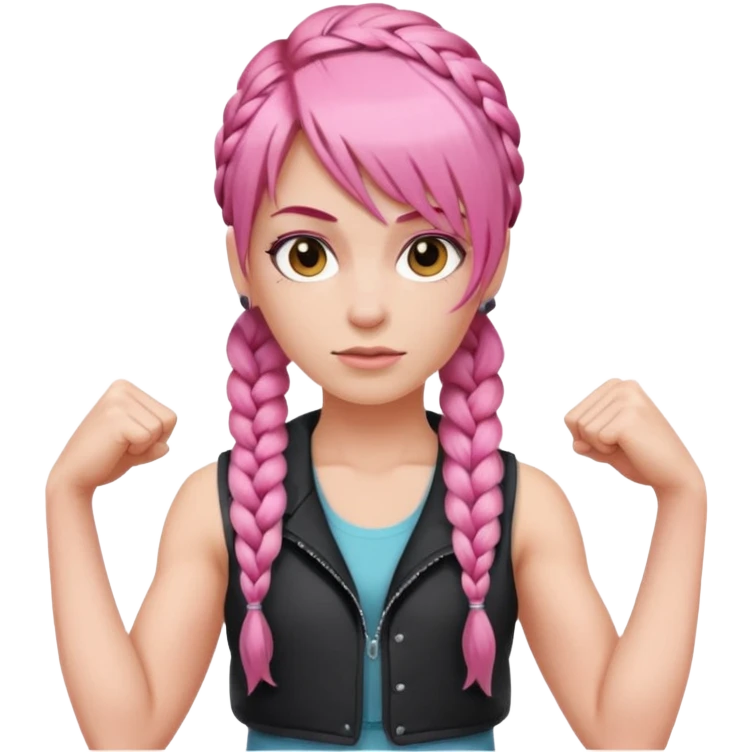 Woman with braided pink hair with an asymmetrical bang, wearing a sleeveless vest and flexing emoji