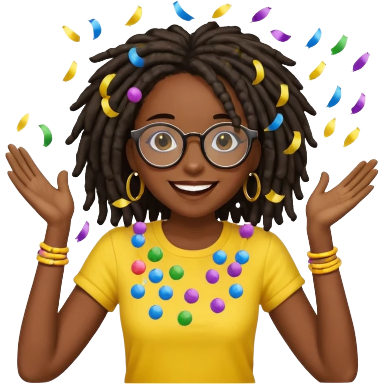 darker skin female with dark dreadlock hair wearing large round glasses and a yellow top celebrating with confetti emoji
