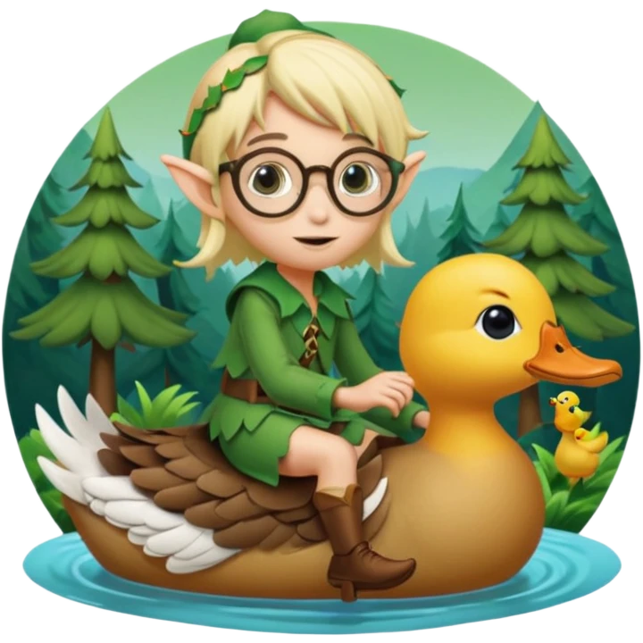 tiny forest elf blode hair with round glasses riding a wild duck emoji