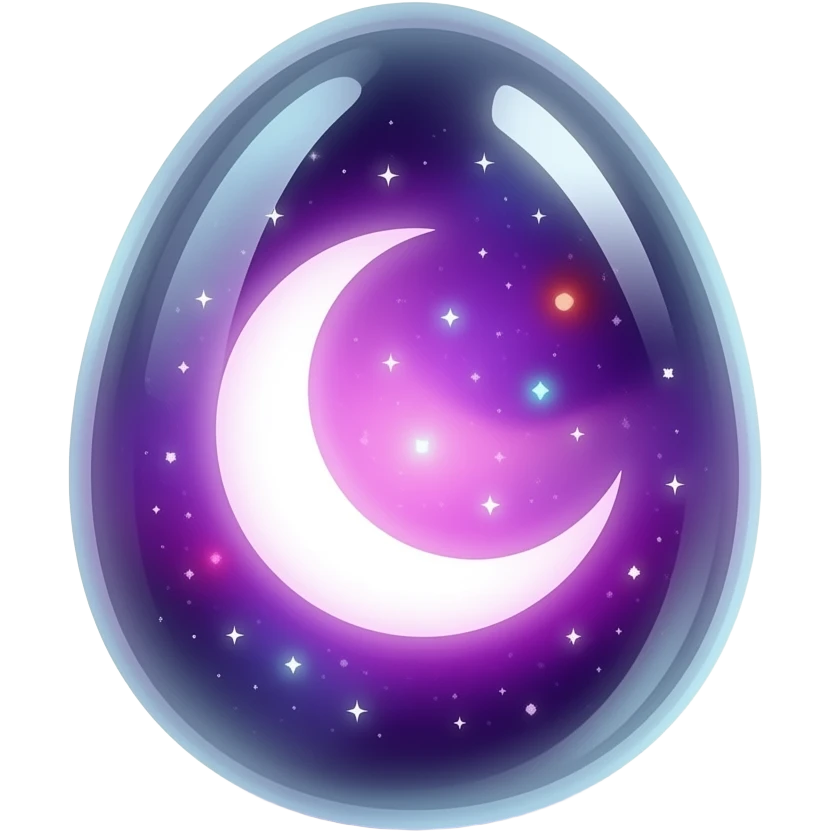 transparent glowing cosmic egg with no visible shell, fully see‑through, containing a swirling purple‑pink nebula and a luminous crecent moon, floating multicolored light orbs inside, isolated object, transparent background emoji