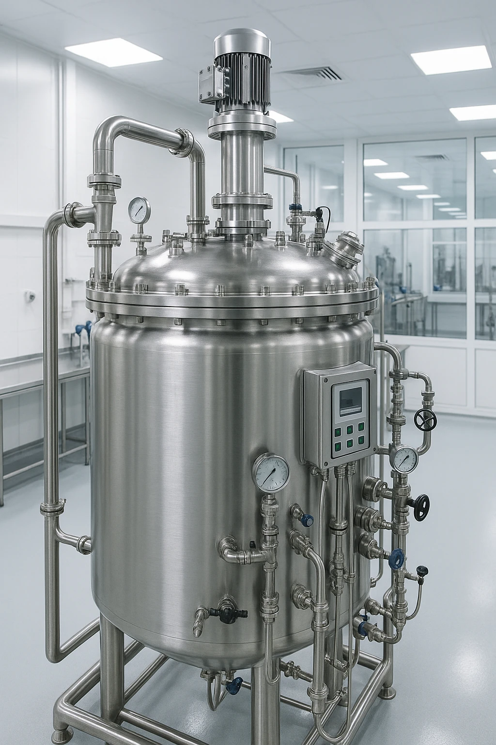 a large industrial biofermentor, cylindrical tank with pipes and gauges, metallic, in a clean laboratory setting emoji