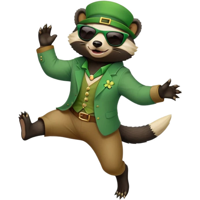 friendly anthropomorphised honey badger in a casual green-themed outfit with St. Patrick's Day accessories, wearing sunglasses, jumping, no beer emoji