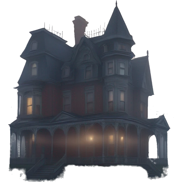 Wide view, A very roomy ramshackle Victorian mansion looms through dense fog at dusk  emoji