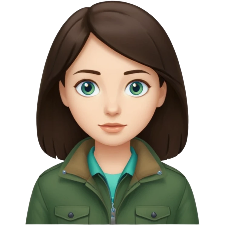 brunette with blue eyes skiing in a forest green jacket emoji