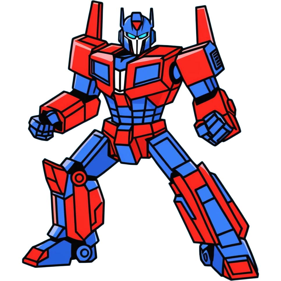 Optimus Prime in a battle pose, cartoon sticker style, bright blue and red, dynamic action emoji