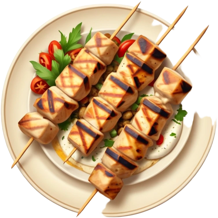 cinematic-realistic-souvlaki-dish-emoji,-showcasing-skewered,-2 grilled-chicken-with-mediterranean-spices-rendered-with-dynamic-textures-and-warm,-appetizing-lighting on pita bread on a plate emoji
