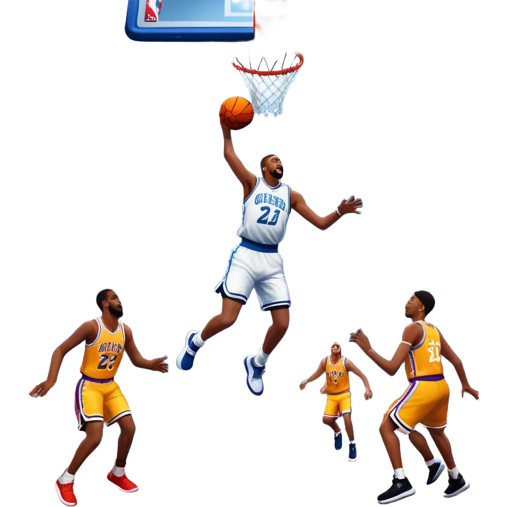 An icon showing a basketball court with players in action, inspired by NBA 2K25. A player jumps for a dunk, the ball mid-air, surrounded by a vibrant basketball arena with cheering fans and bright lights. Transparent background emphasizes the intense atmosphere emoji