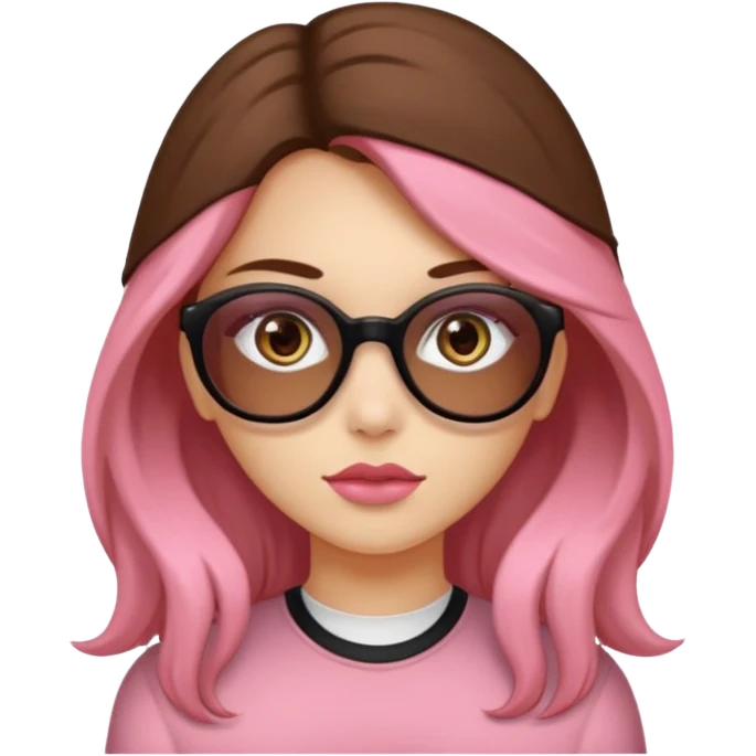 Una ragazza con capelli castani mossi e lunghi e indossi occhiali neri e con una piccola rosa nella testa. Le labbra devono essere color carne, senza rossetto emoji