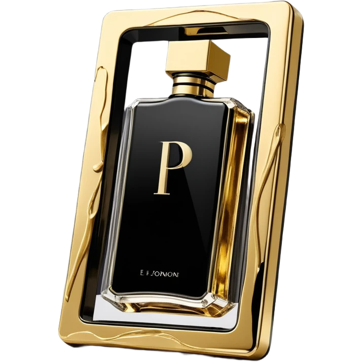 `Floating smartphone frame showing a rotating product video (e.g., perfume bottle) bleeding into metallic gold (#D4AF37) brushstrokes forming a "P" logo, obsidian black (#000000) phone frame, bold condensed font (e.g., Archivo Black), viral-ready aesthetic with painterly textures --style abstract --no cluttered details, text-heavy designs emoji