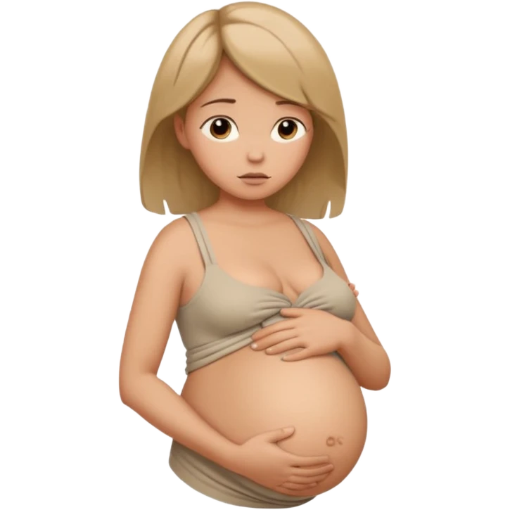 pregnant woman with neatly tied hair looking tired touching her big belly softly and breath slowly emoji