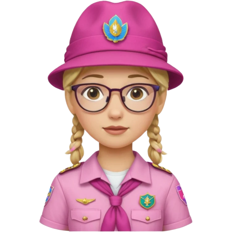 scout girl with pink scout uniform including hat, blonde braided haired and glassess emoji