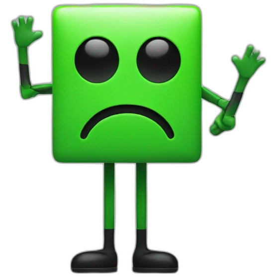 a green square with a smiley face with black stick arms and legs emoji
