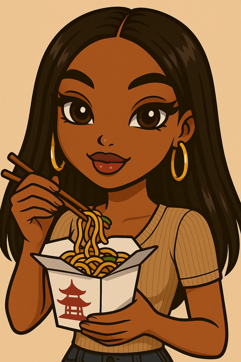 Change the pose to a headshot only of a 20-year-old anime Bratz style woman with dark skin, straight hair, trendy outfit, big expressive eyes, glossy lips, no hat, no tears, happy expression, looking straight ahead, eating out of a to-go Chinese food container with chopsticks. emoji
