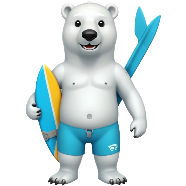 friendly anthropomorphised polar bear standing upright, smiling, wearing colorful surf board shorts and full scuba mask with snorkel emoji