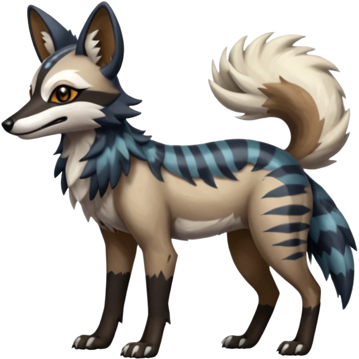Shiny Glossy Silvally-Aardwolf-Maned-Wolf-Trico-Genet-fusion-animal-hybrid-creature, full body emoji