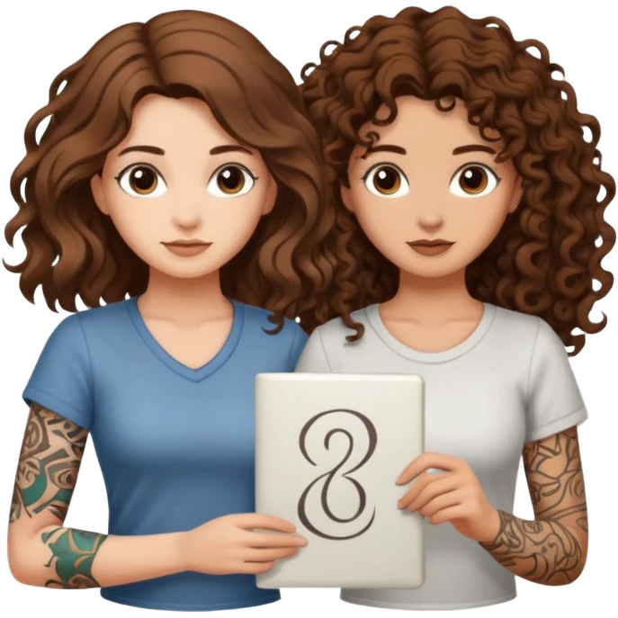 formula drawing — long wavy brown hair tattooed woman and short tight curly brown hair woman — rune sketch ground emoji