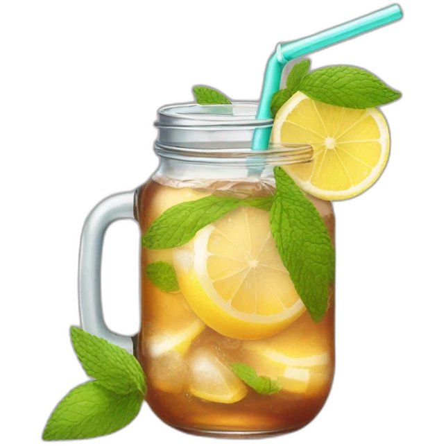 iced tea in a mason jar, with no lid, and a straw. In the iced tea have lemons, mint leaves and ice emoji