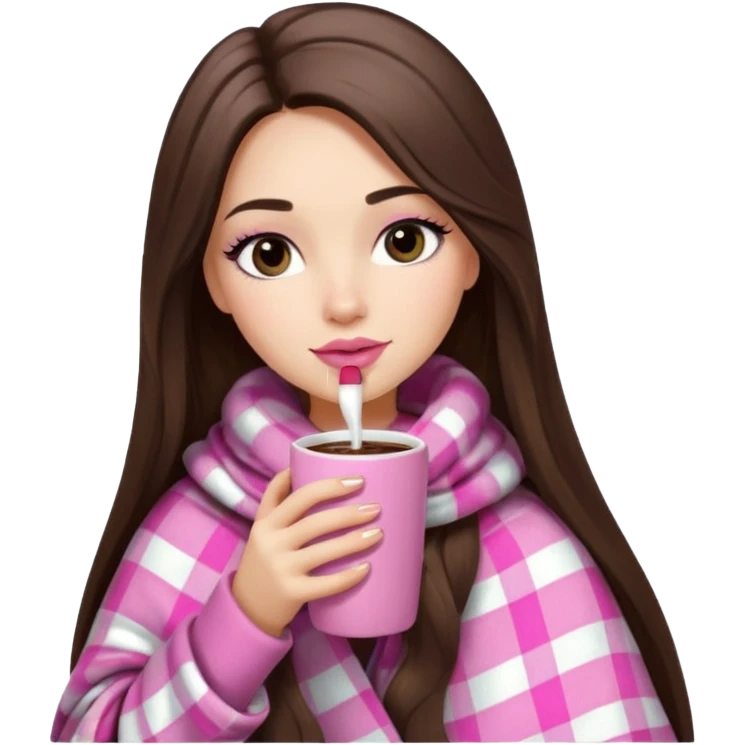 Pink lip, eyelashes, Black eyed brunette girl with long hair and light skin shoulders wrapped up in a pink plaid blanket drinking hot chocolate emoji