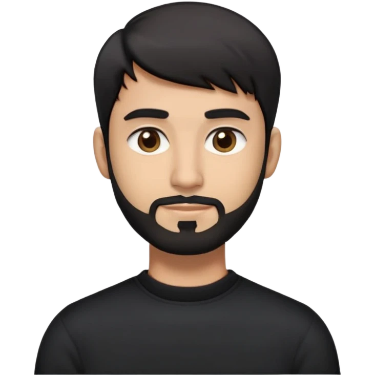 Emoji man's head of South Asian male with light skin, 5 o-clock shadow thin beard, short sides hairstyle with longer layers in top, bangs, right side hair part, and black hair. Medium fair-skinned Pakistani. Brown eyes. In a black crewneck sweater. emoji