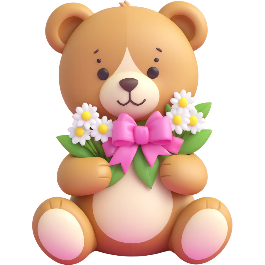 A cute teddy bear with a pink bow on its head, holding a bouquet of white flowers, in a 3D iOS Disney style, with a soft pink background and hearts floating around. emoji