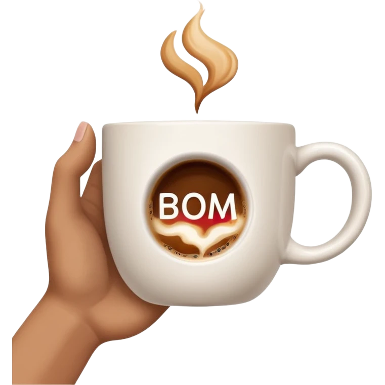 Uma mão segurando uma xicara de café com a frase "Bom Dia" escrita na xicara emoji