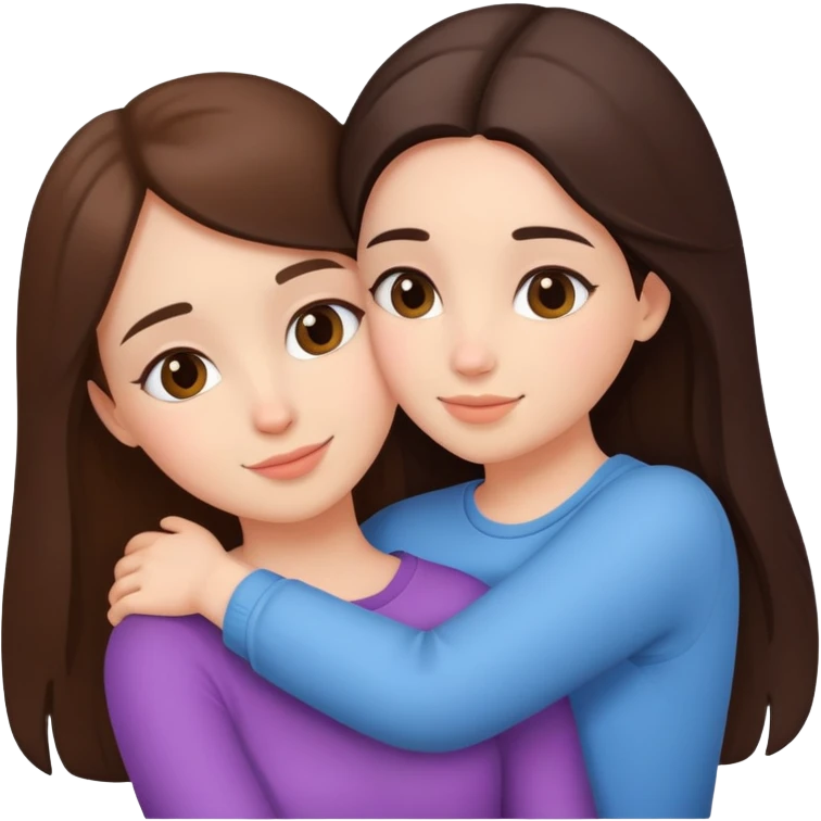 Two cute girl besties, one brunette, beautiful, hugging. Simple emoji